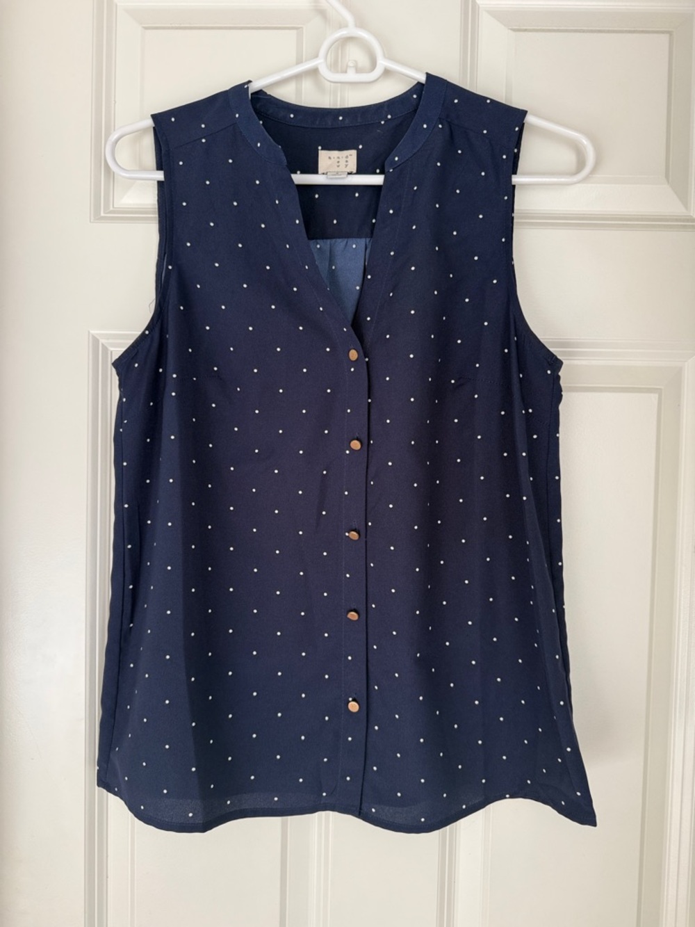 Sleeveless Navy Polka Dot Button-Front Blouse